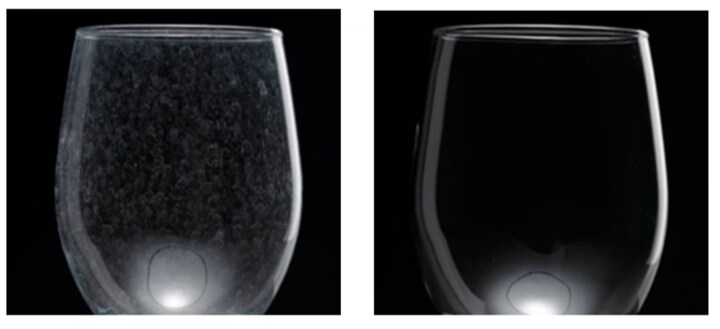 Glass with no rinse additive has spots, but glass with Ecolab rinse additive has no spots and is visibly clean