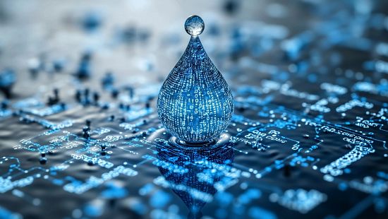 Digital water drop features cascading binary code, symbolizing the fusion of technology and nature, representing data flow and innovation in the digital age.